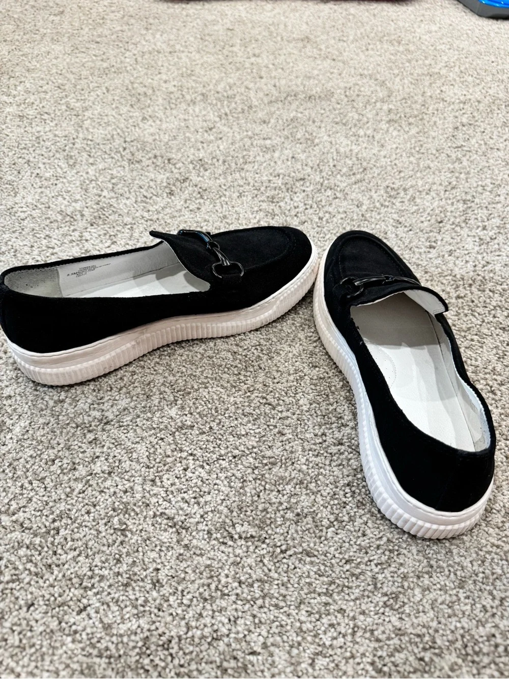 Sofft Black Suede Slip-On Loafer with White Platform Sole